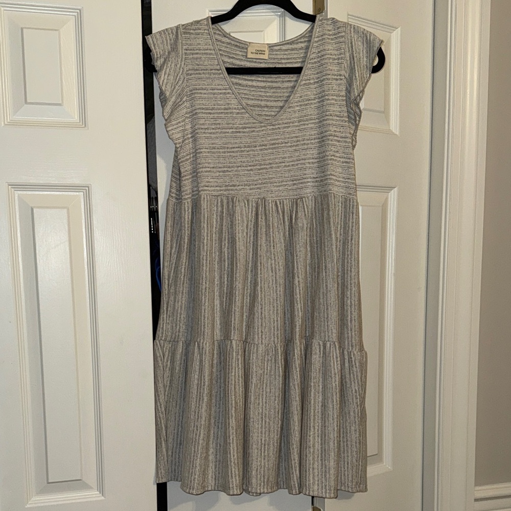 NWOT Casual Gray Striped V-Neck Tiered Women's Dress